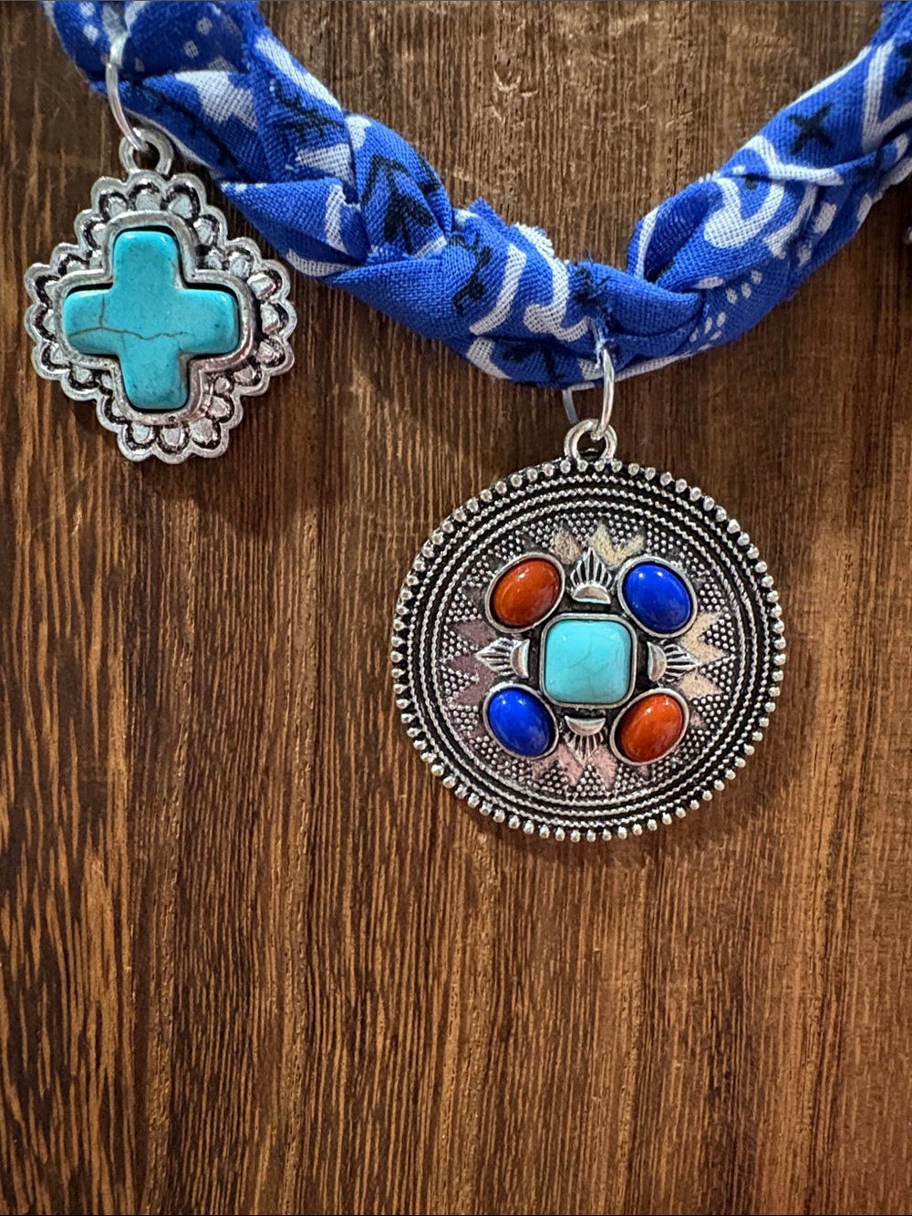 Boho Blue Braided bandana Turquoise &  silver charm Necklace - Picture 2 of 6